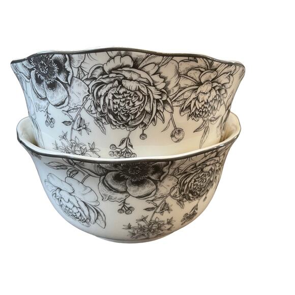 222 FIFTH Fine Porcelain Dashney Floral Salad Bowls 6in Gray White Set of 4 NEW - Picture 2 of 10